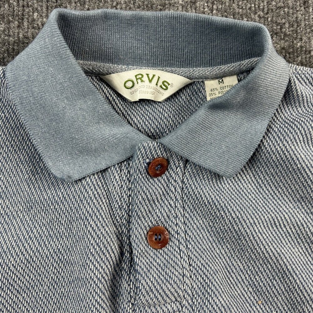 Orvis Men Medium Sweater Leather Elbow Patches Button Up Polo Shirt Pullover - Picture 5 of 11